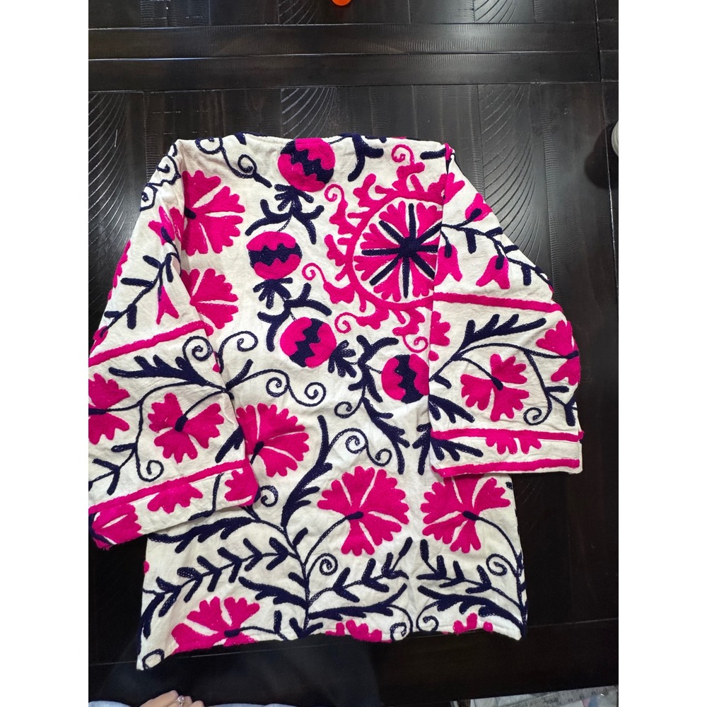 The 57 Suzani Embroidered Robe Jacket Pink Navy Floral Kimono Belted Topper - Picture 2 of 8